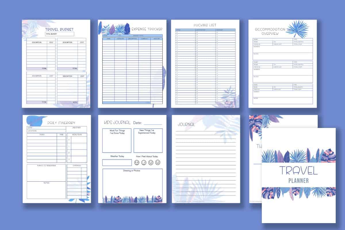 Free vacation planning templates featuring eight coordinated tropical themed printable pages arranged in a grid. The set includes travel budget, expense tracker, packing list, accommodation overview, daily itinerary, kids journal, lined journal page, and a travel planner cover with blue and purple leaf accents, designed to help organize every detail of a trip from budgeting to daily plans.