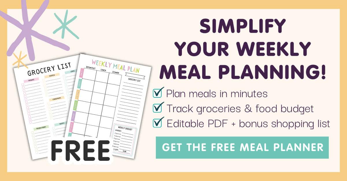 Opt-in Graphic showing a free editable weekly meal planner and shopping list with printable meal schedule pages, categorized grocery lists, a food budget tracker, and a call-to-action button that says "Get the free meal planner."
