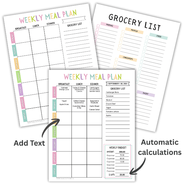 Printable weekly menu planning sheet with breakfast, lunch, dinner sections and a categorized grocery list designed as a free weekly meal planner printable for organizing family meals and shopping.