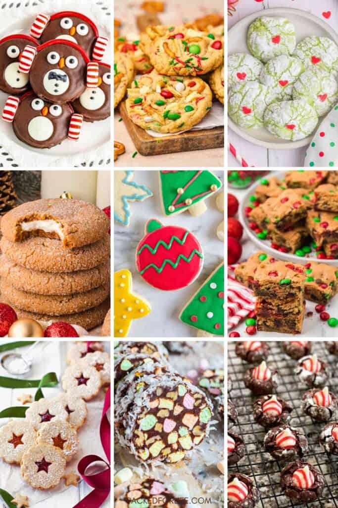A festive collage of nine different Christmas cookies, each styled for holiday cookie exchanges. It features penguin-themed no-bake cookies, loaded kitchen sink cookies, green Grinch crinkle cookies, cream-filled gingerbread cookies, iced sugar cookies in holiday shapes, M&M cookie bars, Linzer cookies with jam centers, church window cookies with colorful marshmallows, and chocolate peppermint blossom cookies.