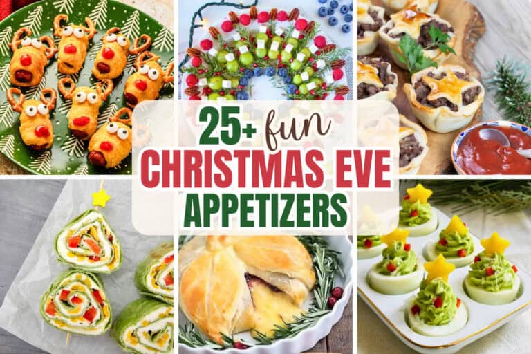 A festive collage of Christmas snacks including reindeer pigs in a blanket, a fruit and cheese wreath, savory meat pies, Christmas tree pinwheels, baked cranberry brie in pastry, and Christmas tree deviled eggs. The text reads "25+ fun Christmas Eve appetizers." These festive finger foods offer inspiration for a Christmas Eve menu.