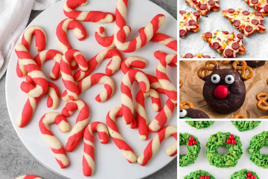 A variety of easy kids Christmas party snacks from candy cane cookies, to reindeer mini donuts, tree pizzas and rice krispie wreaths.