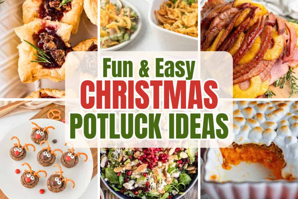 A collage of fun Christmas potluck dishes including cranberry pastry bites, green bean casserole, glazed pineapple ham, reindeer brownie bites, Brussels sprout salad, and sweet potato casserole with toasted marshmallows.