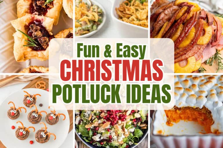 A collage of fun Christmas potluck dishes including cranberry pastry bites, green bean casserole, glazed pineapple ham, reindeer brownie bites, Brussels sprout salad, and sweet potato casserole with toasted marshmallows.