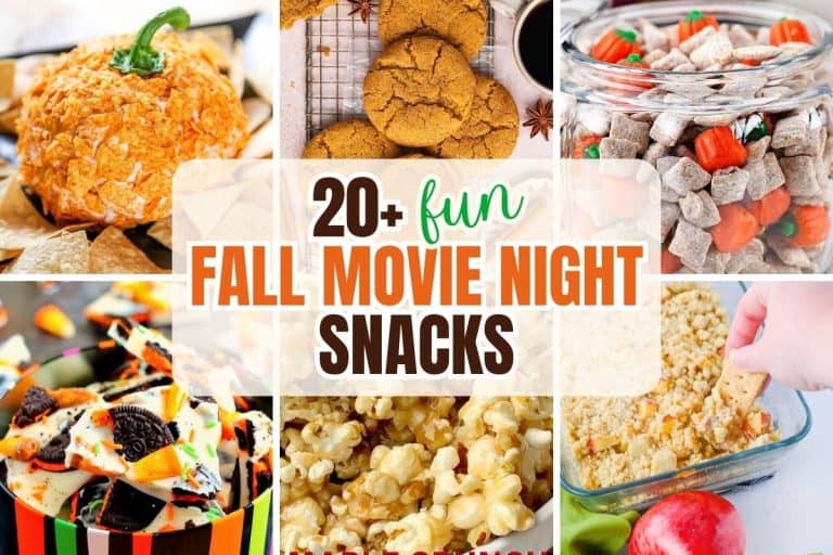 Collage of fall-themed snacks surrounding a bold text overlay that reads "20+ Fun Fall Movie Night Snacks". Featured treats include a pumpkin-shaped cheese ball, pumpkin snickerdoodles, pumpkin spice puppy chow, caramel popcorn, Halloween bark, and warm apple pie dip, all styled with seasonal colors and textures perfect for cozy movie nights.