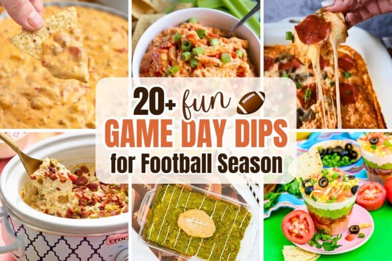Collage of colorful and hot and cold game day dips for football season, featuring crockpot queso, buffalo chicken dip, pepperoni pizza dip, layered taco cups, and a guacamole football field dip, with bold text overlay reading “20+ fun game day dips for football season” and a football icon.
