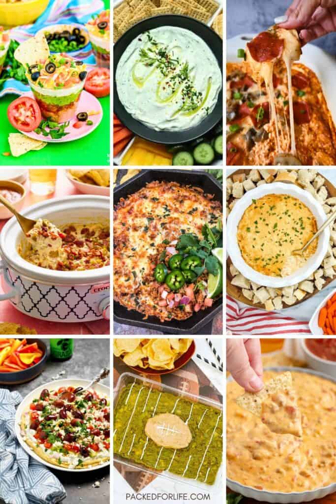 Collage of nine vibrant game day dips and easy football snacks, including layered taco cups, herbed yogurt dip with olive oil, cheesy pepperoni dip, slow cooker queso, cast iron skillet dip topped with jalapeños, buffalo chicken dip with bread cubes, Mediterranean layered dip, guacamole football field dip, and classic Rotel queso with tortilla chips.