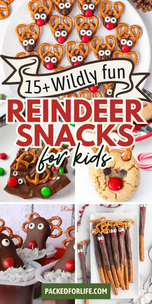 A collage of reindeer treats including reindeer pretzels dipped in chocolate, reindeer chocolate bark, reindeer rolo pretzels, peanut butter cookies  with reindeer faces, and pudding cups with nutter butter reindeers all arranged in a festive holiday layout.