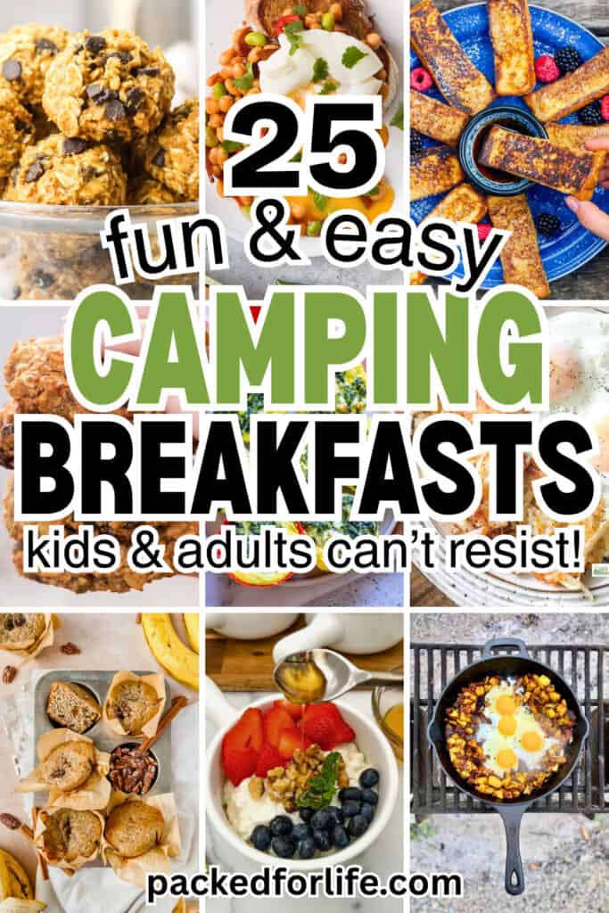 Collage of outdoor breakfast foods including muffins, toast sticks with berries, skillet eggs with potatoes, yogurt bowls, and hearty baked bites, ideal for camping meals breakfast.