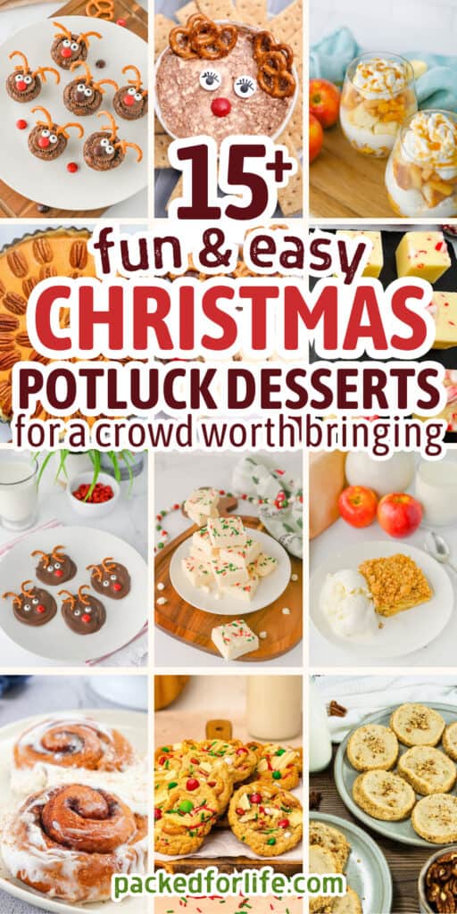 A festive collage of Christmas treats for potluck parties, including reindeer brownies, chocolate reindeer dip, apple trifles, pecan cheesecake, sprinkled fudge, chocolate reindeer treats, apple crumble with ice cream, frosted cinnamon rolls, colorful holiday cookies, and pecan shortbread cookies.