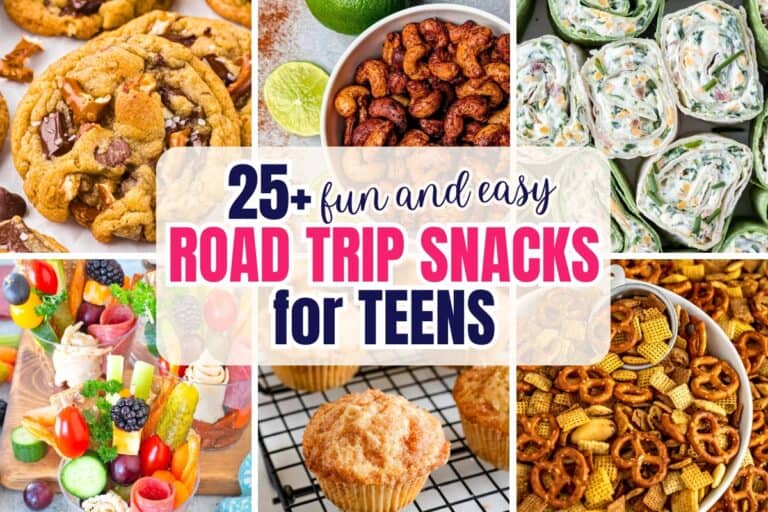 Collage of homemade road trip snacks for teenagers featuring chocolate pretzel cookies, chili lime cashews, bacon spinach rollups, snack mix, muffins, and portable vegetable snack cups. Text overlay reads "25+ fun and easy ROAD TRIP SNACKS for TEENS" highlighting a variety of sweet and savory snacks that are easy to pack and eat on the go.