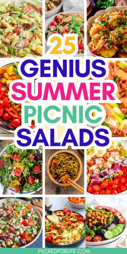 A collage of colorful fresh salads including Caesar pasta salad, grilled vegetable salad, German potato salad, chickpea salad, prosciutto melon salad, watermelon feta salad, zucchini noodle salad, Cobb salad, white bean salad, pasta salad with chicken, and crispy chickpea salad, featuring summer picnic salads that are easy to make ahead for picnics, potlucks, barbecues, and warm-weather gatherings.
