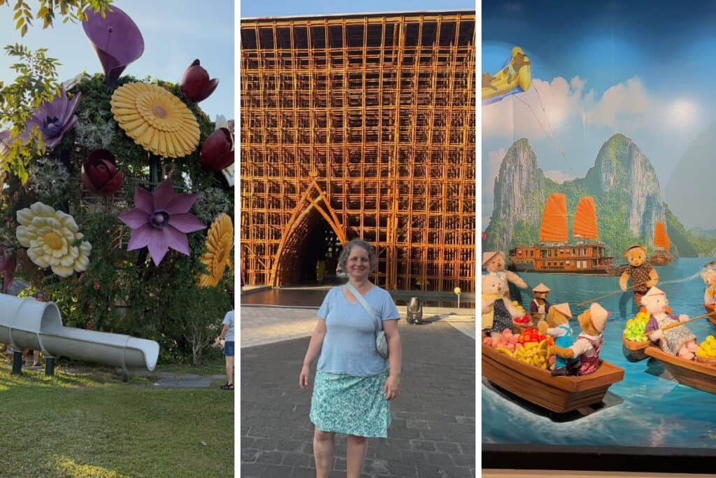 Three pictures at Grand World Phu Quoc. A slide in a large bouquet of flowers, a middle aged woman in front of a bamboo building, and a scene of teddy bears at Ha Long Bay in boats at the Teddy Bear Museum.