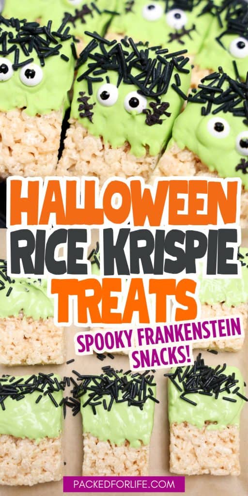 Green Frankenstein-themed Rice Krispie treats decorated with candy eyes and sprinkles are arranged on parchment paper as Halloween party food for kids.