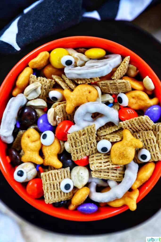 Bowl with Halloween snack mix