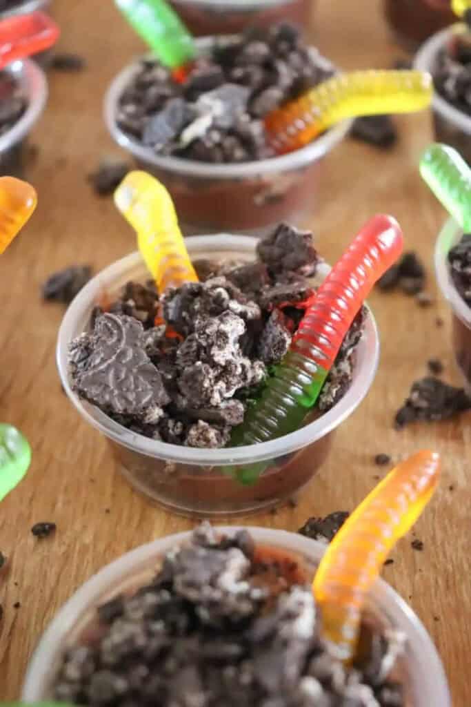 Worms and dirt pudding cups for Halloween. 