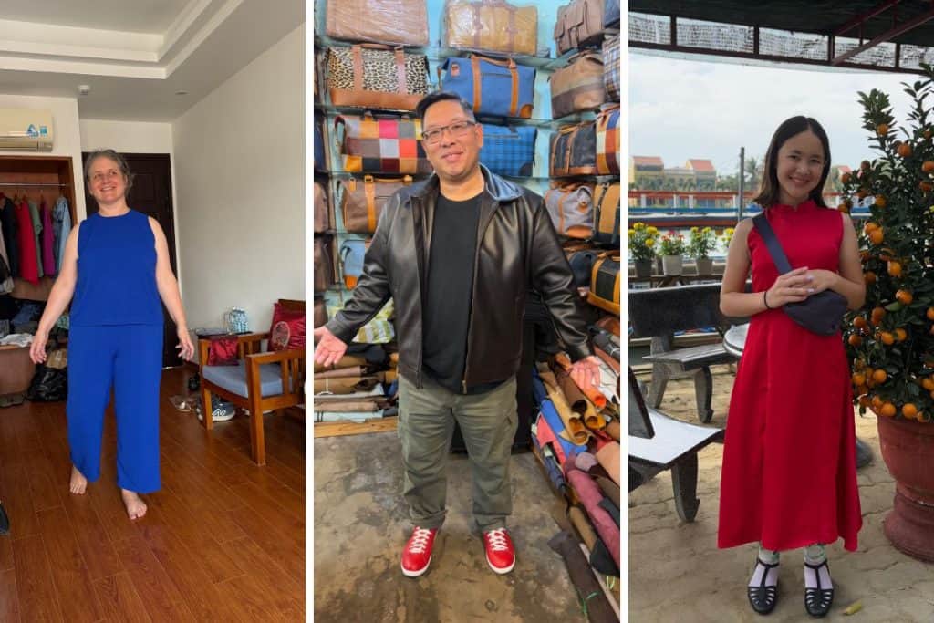 Three people pose in tailor-made outfits from Hoi An. On the left, a woman stands barefoot indoors wearing a royal blue sleeveless top and matching pants. In the center, a man smiles in front of leather bags, dressed in a black leather jacket, black shirt, olive pants, and red sneakers. On the right, a young woman poses outdoors near a potted kumquat tree, wearing a sleeveless red dress and black crossbody bag.