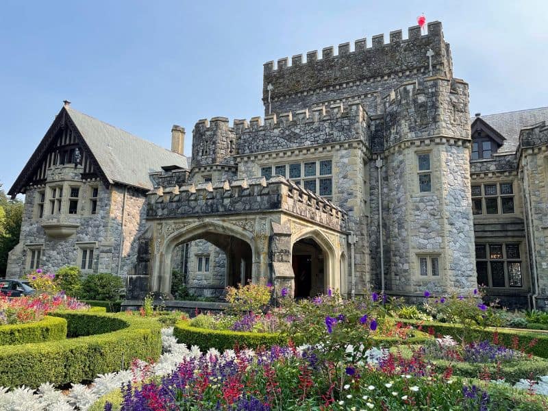 Hatley Castle is a stone castle with colorful gardens. 