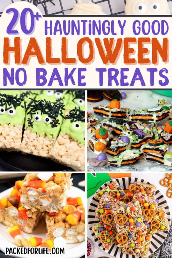 A colorful display of no bake Halloween desserts including green Frankenstein rice krispie treats, candy chocolate Halloween oreo cookie bark, peanut butter bars and Halloween candy & pretzels rice krispie squares.