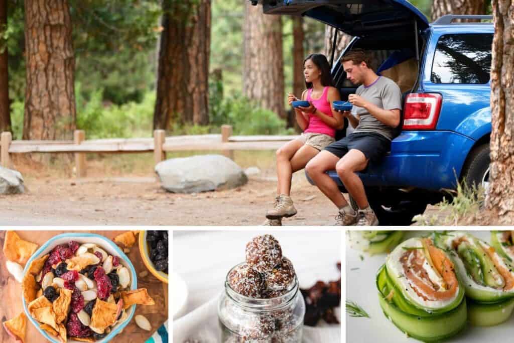 A collage of an adult man and woman eating snacks in a forest out of the back of a car, trail mix, protein balls, and cucumber smoked salmon rolls.