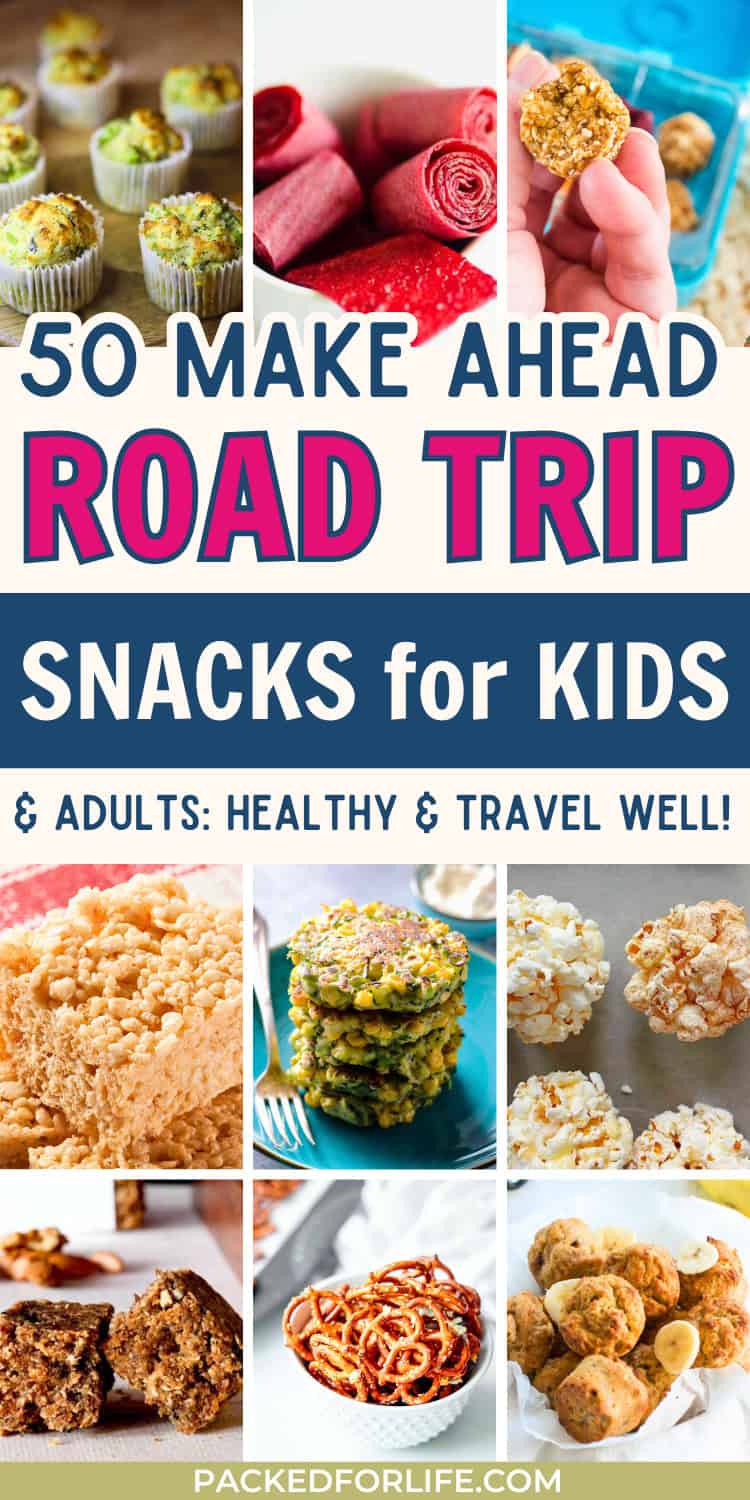 Collage of kid-friendly foods like mini muffins, fruit roll-ups, snack bites, popcorn, fritters, bars, pretzels, and banana muffins as easy car snacks for kids, adults will like too.