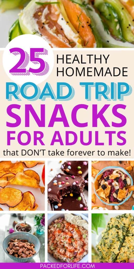 Pinterest PIn of Healthy, homemade road trip snacks with a collage of snacks including trail mix, apple chips, tuna salad, coated nut mixes.