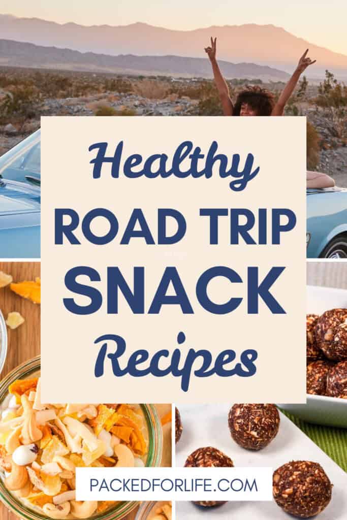 Pinterest Pin of Healthy, homemade road trip snacks with a photo of women adults in a convertible with arms up at sunset, tropical trail mix, and brownie bliss balls. 