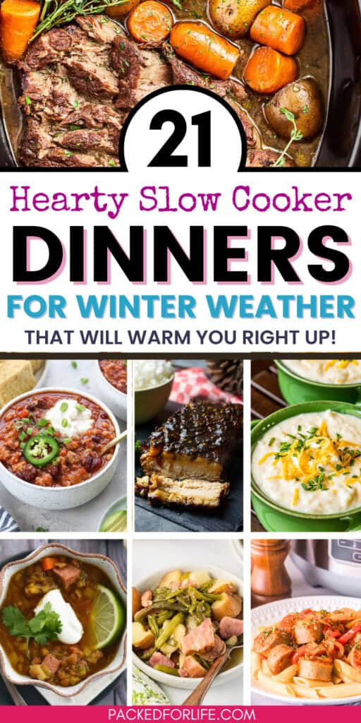 A variety of easy winter dinner recipes including soups, meats, and stews, showcasing comforting slow cooker meal ideas perfect for cold weather.