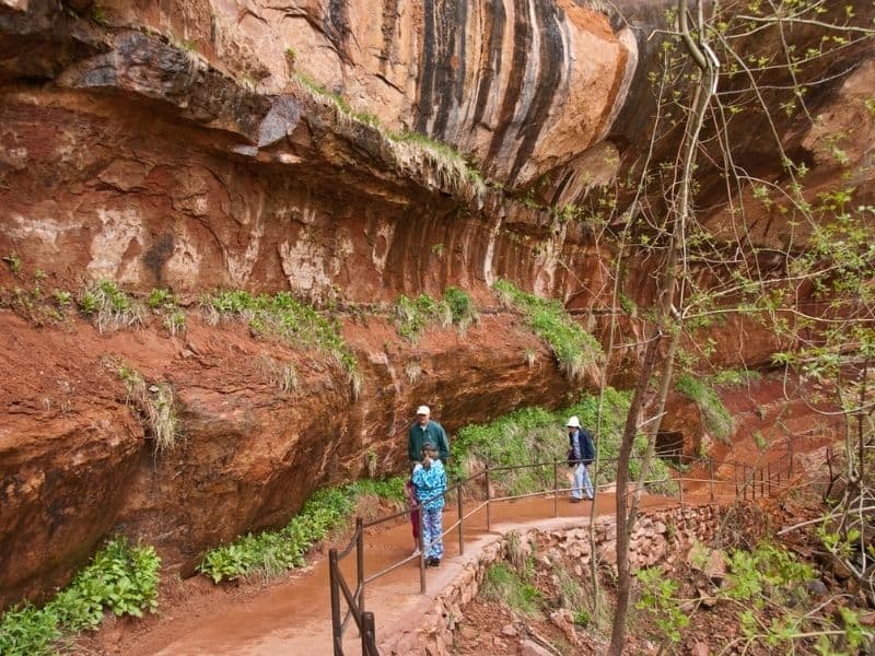 Grandparents hiking with young girl along Emerald Pools Trail in Zion Canyon.
