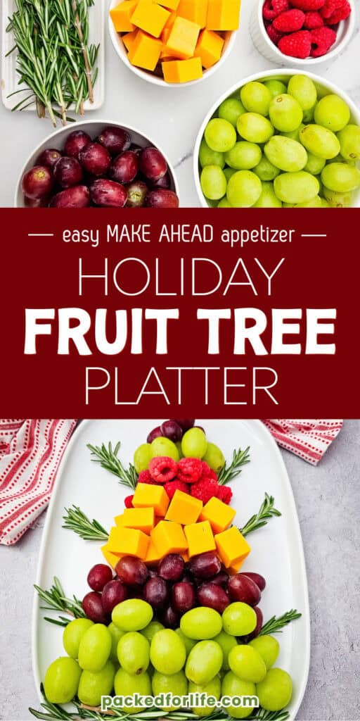 An easy make ahead fruit Christmas tree platter with layers of green and red grapes, fresh raspberries, cheddar cheese cubes, and rosemary sprigs, creating a colorful holiday appetizer or snack for parties and gatherings.