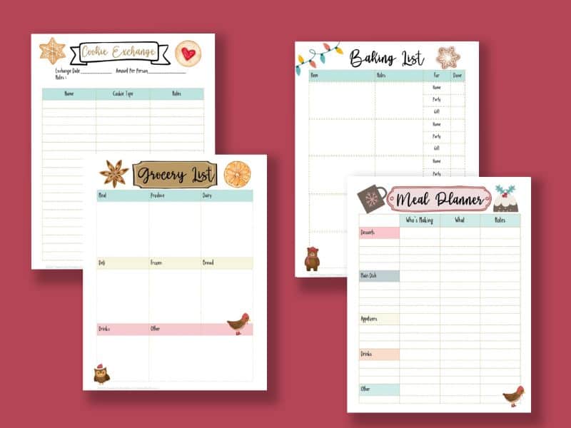 Christmas Meal Planner, Grocery list, Baking List and cookie exchange printables fanned out. 