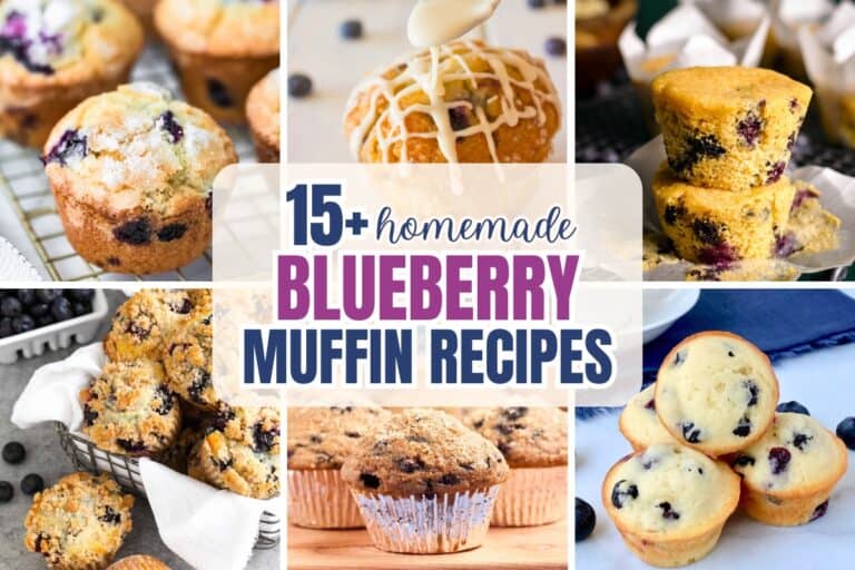 Collage of homemade blueberry muffin recipes featuring a variety of golden brown muffins topped with streusel, glaze, and fresh blueberries. Bold text in the center reads 15 plus homemade blueberry muffin recipes, highlighting the collection of classic and creative blueberry muffin variations.