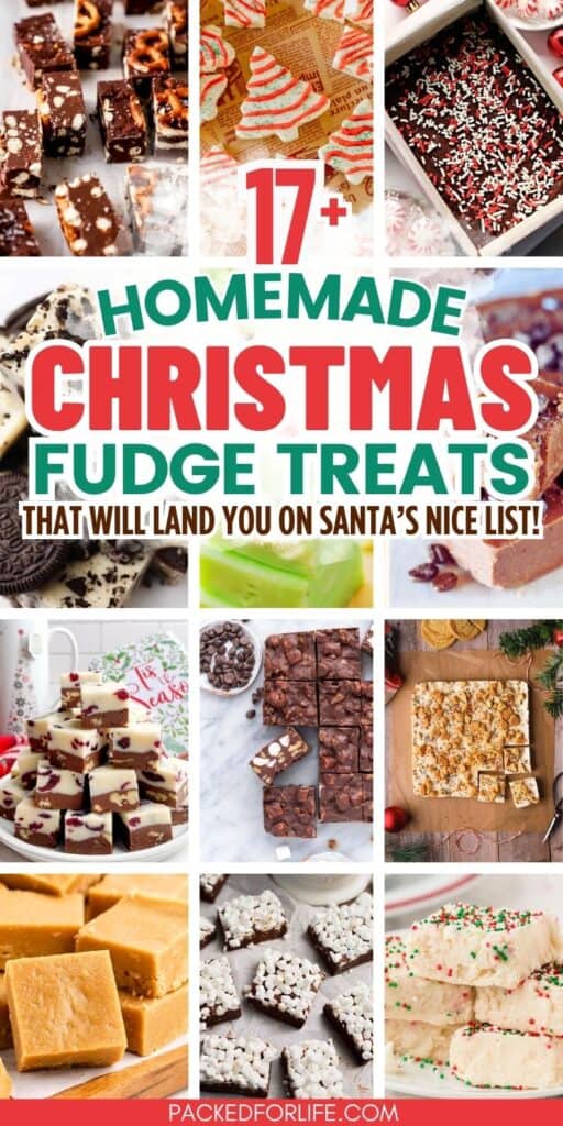 A festive collage of homemade Christmas fudge recipes displays pretzel-topped chocolate fudge, red and green striped tree-shaped fudge, sprinkle-covered chocolate peppermint fudge, Christmas cookies fudge, green mint fudge, layered cranberry chocolate fudge, rocky road fudge, cookie-crumb white fudge, classic caramel fudge, mini-marshmallow hot chocolate fudge, and vanilla sprinkle fudge arranged in a bright holiday grid.