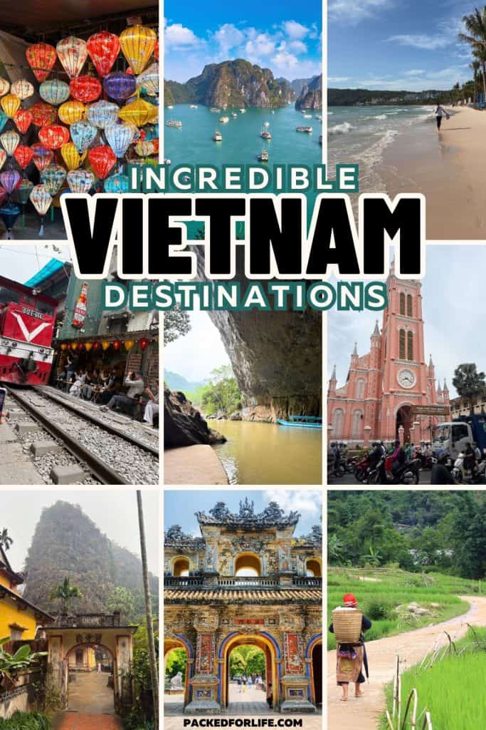 Collage of Vietnam travel destinations including colorful lanterns in Hoi An, limestone islands in Ha Long Bay, a sandy beach with palm trees, a red train passing through Hanoi’s train street, a river cave boat tour, the pink Da Nang Cathedral, ancient temples and gates, and lush green rice fields with a local villager carrying a basket. Bold text reads “Incredible Vietnam Destinations” across the center.