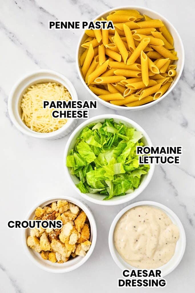 ngredients for Caesar pasta salad arranged in bowls on a marble surface including penne pasta, Parmesan cheese, chopped romaine lettuce, croutons, and Caesar dressing, each labeled with text reading "PENNE PASTA", "PARMESAN CHEESE", "ROMAINE LETTUCE", "CROUTONS", and "CAESAR DRESSING".