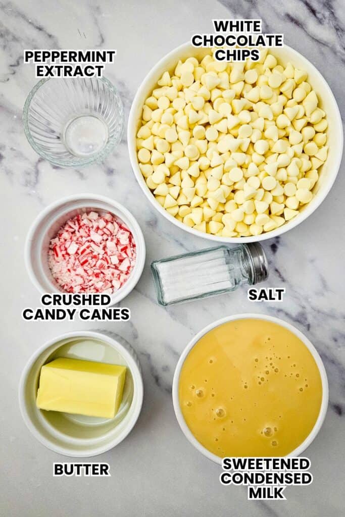 Flat lay of labeled fudge ingredients on a marble surface, including white chocolate chips, sweetened condensed milk, butter, crushed candy canes, peppermint extract, and salt.