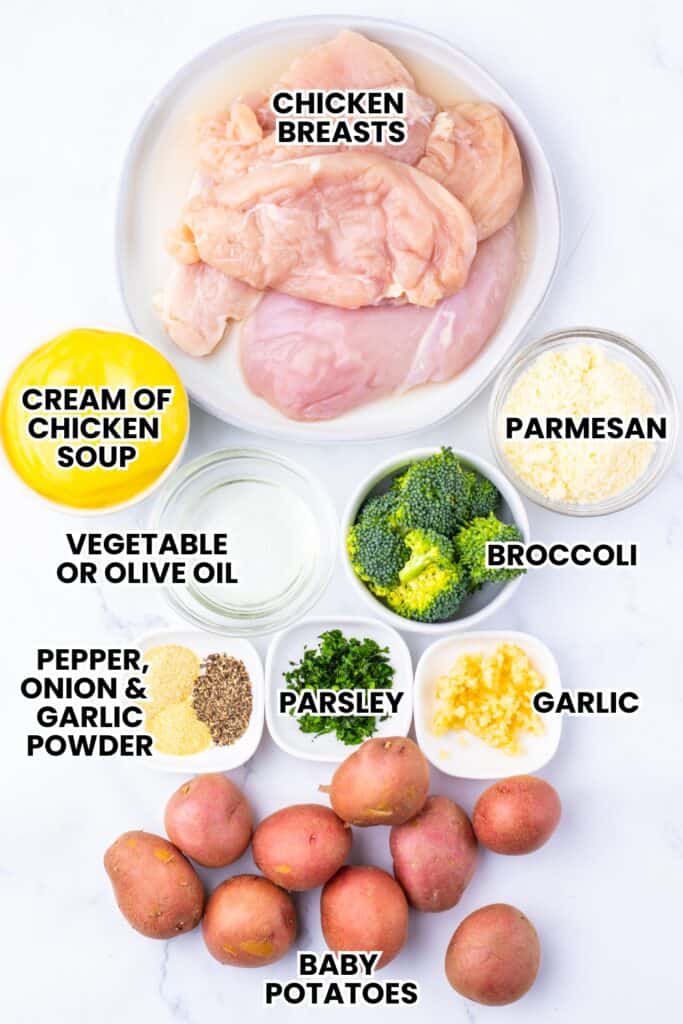 Overhead view of ingredients for a chicken sheet pan dinner, including raw chicken breasts, baby potatoes, broccoli florets, grated parmesan, minced garlic, chopped parsley, cream of chicken soup, vegetable or olive oil, and seasonings like pepper, onion powder, and garlic powder. Each item is clearly labeled with bold text.