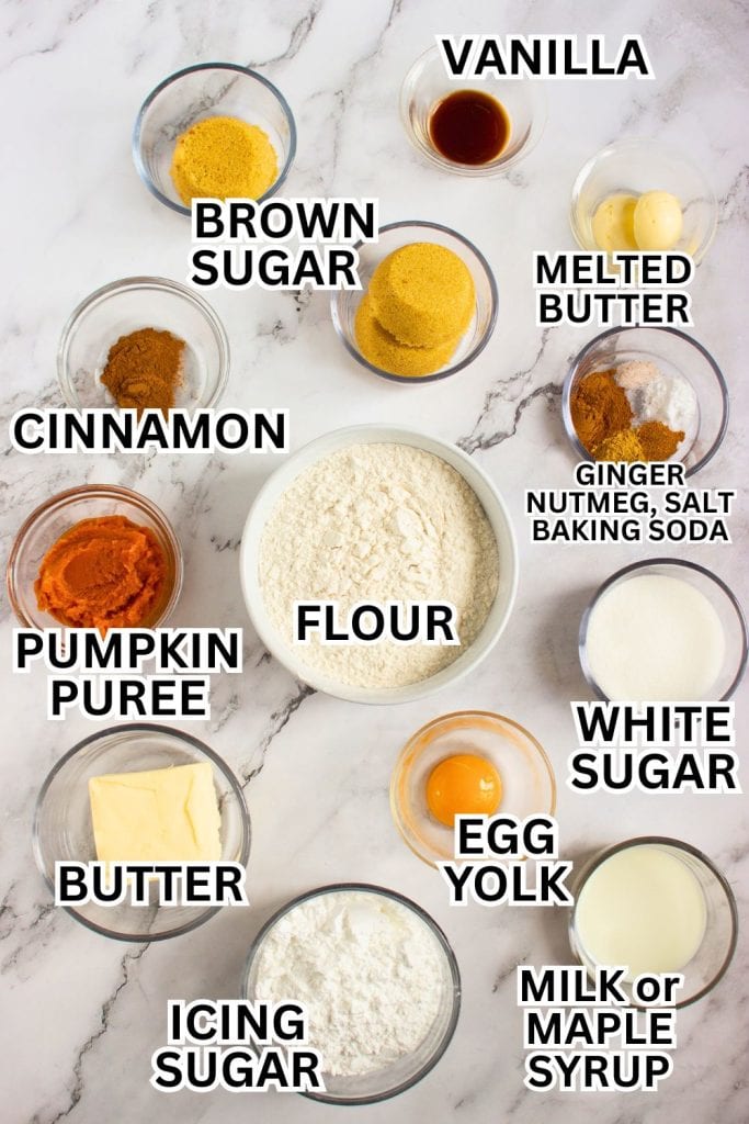 Overhead view of labeled ingredients for cinnamon roll pumpkin cookies arranged on a marble surface. Items include flour, pumpkin purée, brown sugar, white sugar, butter, melted butter, egg yolk, vanilla, milk or maple syrup, icing sugar, cinnamon, and a spice mix of ginger, nutmeg, salt, and baking soda.