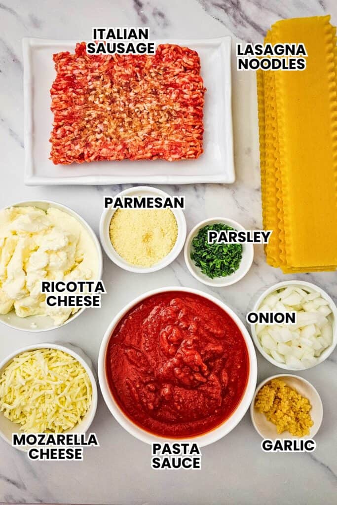 Ingredients for one pan lasagna arranged on a marble surface in small bowls. Labels read "Italian sausage." "Lasagna noodles." "Parmesan." "Parsley." "Ricotta cheese." "Onion." "Mozzarella cheese." "Pasta sauce." "Garlic."