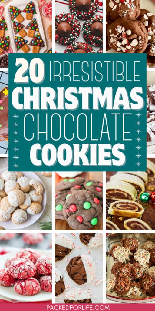 A collage of chocolate Christmas cookies for a crowd including peppermint bark cookies, chocolate crinkle cookies, reindeer cookies, and M&M chocolate cookies displayed on festive holiday trays and plates.