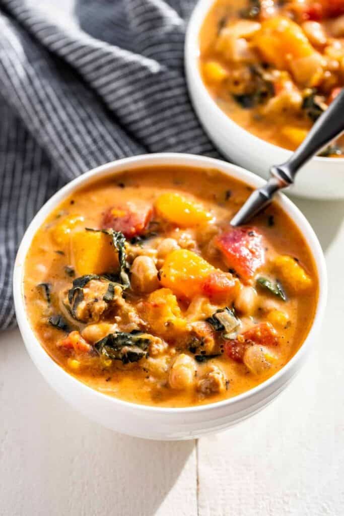 Bowl of Italian sausage Butternut Squash Soup 