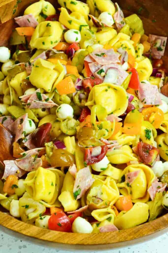 talian tortellini pasta salad tossed in a wooden bowl with cheese filled tortellini, cherry tomatoes, diced bell peppers, red onion, olives, mozzarella pearls, and chopped salami. The pasta is lightly coated in dressing and sprinkled with fresh herbs, creating a colorful and hearty dish. An easy camping dinner idea for kids that is simple to prep ahead and serve cold at the campsite.