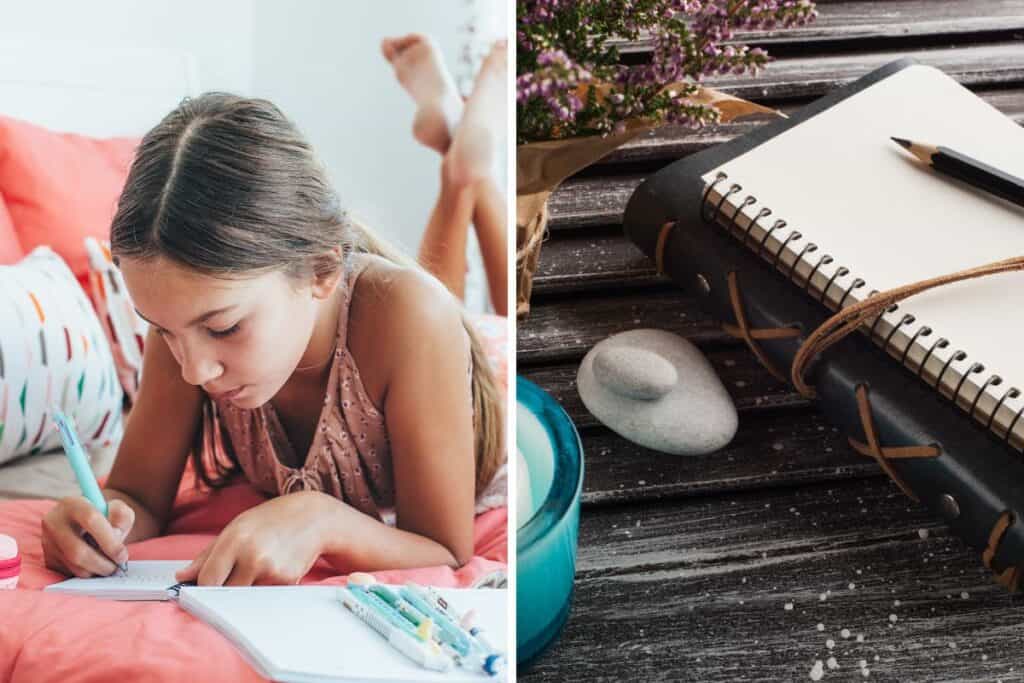A tween girl lying down on a bed writing in a journal. Bound journal and pencil on a wooden table.