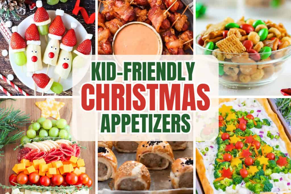 A colorful assortment of Christmas snacks and appetizers for kids, including festive fruit skewers to resemble the Grinch and Santa, bacon-wrapped bites, holiday snack mix, a Christmas tree charcuterie board, sausage rolls, and a veggie pizza decorated like a Christmas tree.