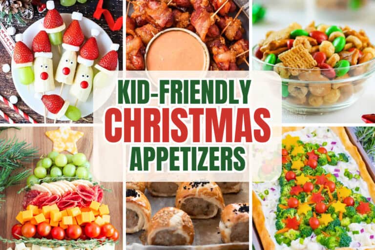 A colorful assortment of Christmas snacks and appetizers for kids, including festive fruit skewers to resemble the Grinch and Santa, bacon-wrapped bites, holiday snack mix, a Christmas tree charcuterie board, sausage rolls, and a veggie pizza decorated like a Christmas tree.