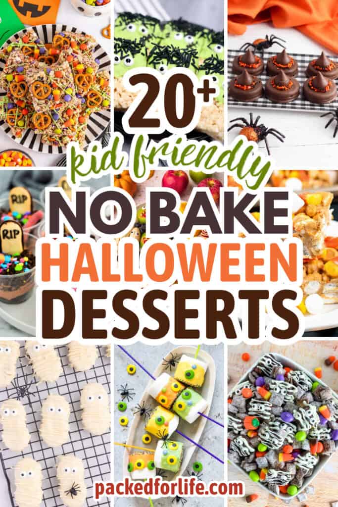 Collage of the best no bake Halloween treats including Frankenstein Rice Krispie squares, witch hat cookies, spooky dirt cups with gummy worms and RIP cookies, white chocolate mummy snacks, monster marshmallow pops, and Halloween-themed snack mix with candy eyes and pretzels. Colorful and festive kid friendly treats are decorated with candy corn, sprinkles, and edible eyes for a fun Halloween party spread.