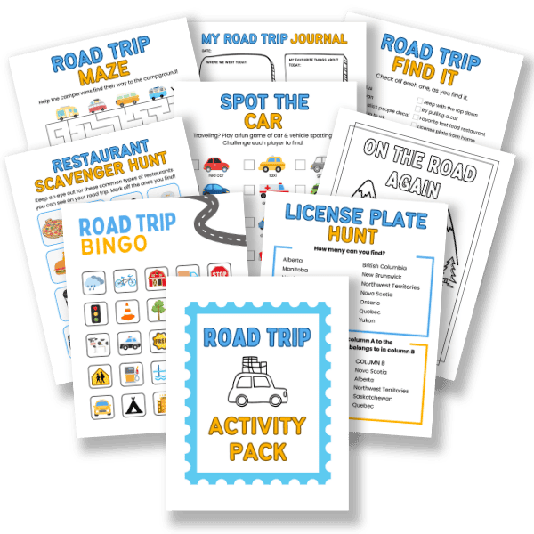 Printable worksheets including bingo, scavenger hunt, maze, travel journal pages, and license plate games designed as a kids road trip activity pack printable for keeping children entertained during long drives.