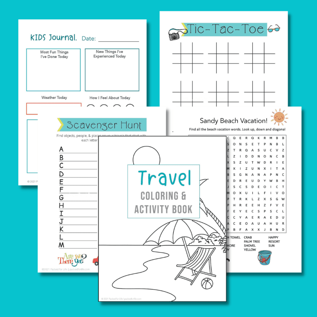 5 Printable pages of Kids Travel Activities fanned out