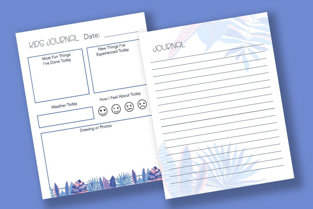 Kids travel journal printable page with sections labeled Most Fun Things I&rsquo;ve Done Today, New Things I&rsquo;ve Experienced Today, Weather Today, How I Feel About Today with emoji faces, and a large box for Drawing or Photos. Next to it is a lined journal page with tropical leaf accents, creating a coordinated set of vacation journal printables designed for kids and family travel memories.