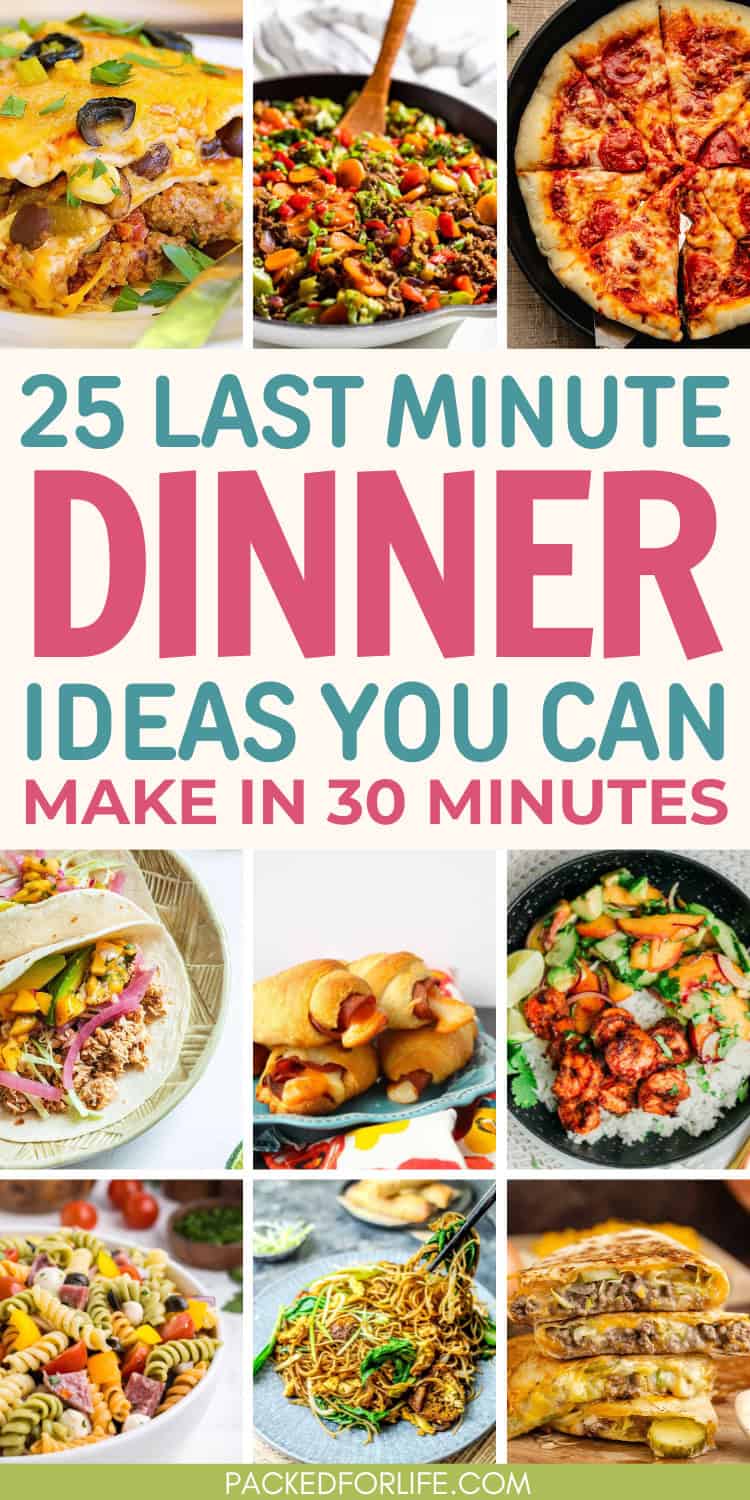 Collage of last minute quick dinner ideas including tacos, line shrimp rice bowl, skillet pizza and noodle and pasta dishes.